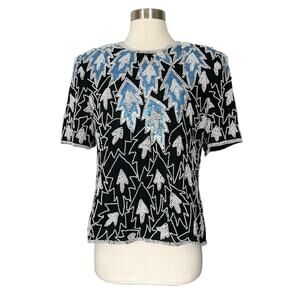 Laurence Kazar | 80s Vintage Pearl Silk Black Sequin Statement Blouse Top LP EUC